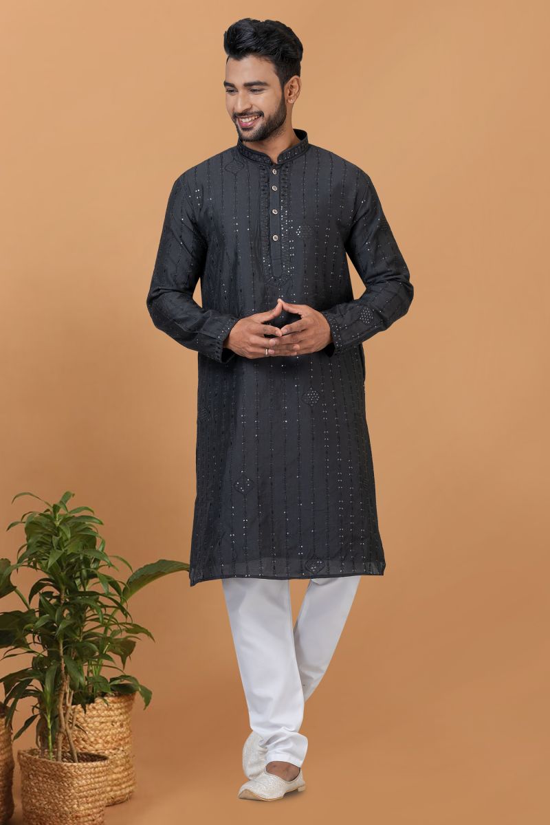 Attractive Sequins Embroidery Reception Wear Readymade Men Kurta Pyjama In Black Color