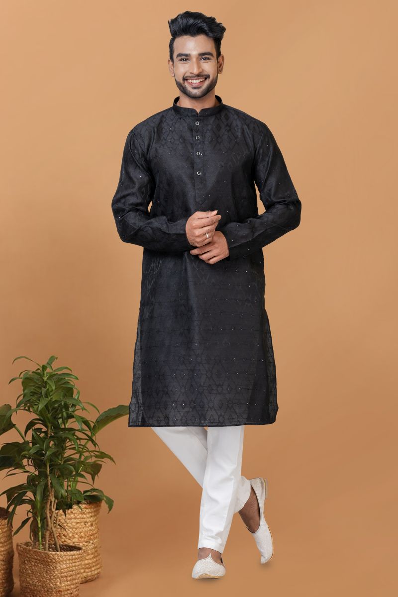 Art Silk Fabric Readymade Black Color Kurta Pyjama For Men