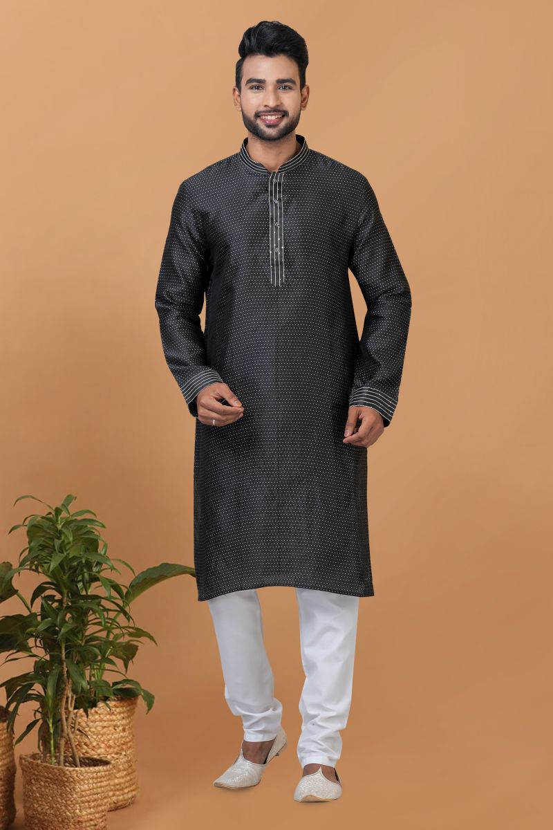 Black Color Pretty Readymade Kurta Pyjama For Men In Art Silk Fabric