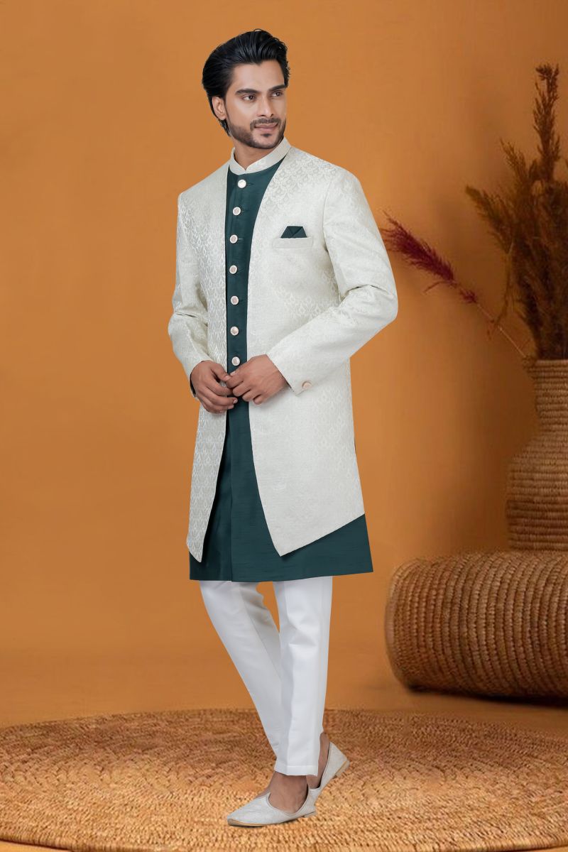Reception Wear Attractive Jacquard Work Readymade Indo Western For Men In Off White Color Jacquard Silk Fabric