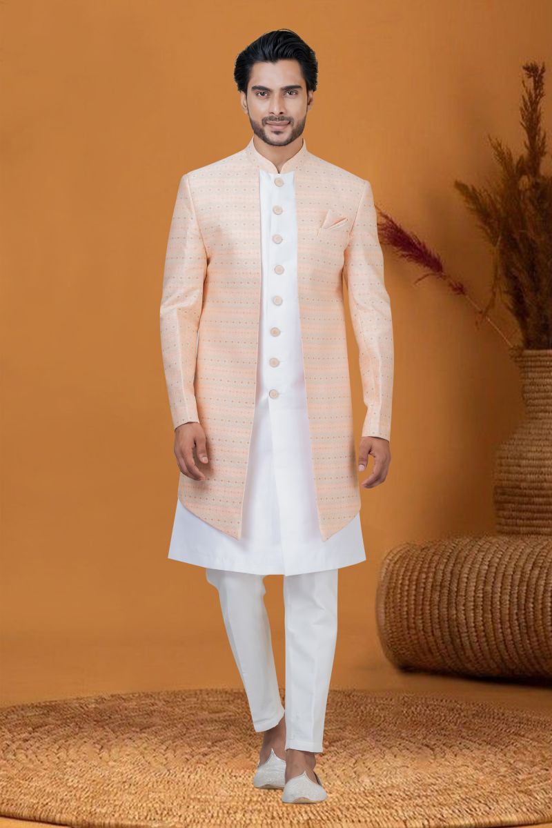 Jacquard Work Fancy Peach Color Jacquard Silk Fabric Wedding Wear Readymade Indo Western For Men