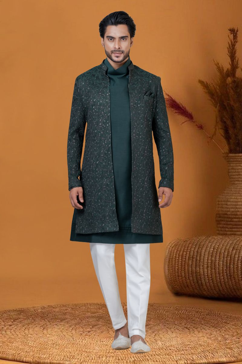 Jacquard Silk Fabric Jacquard Work Dark Green Color Sangeet Wear Readymade Men Stylish Indo Western
