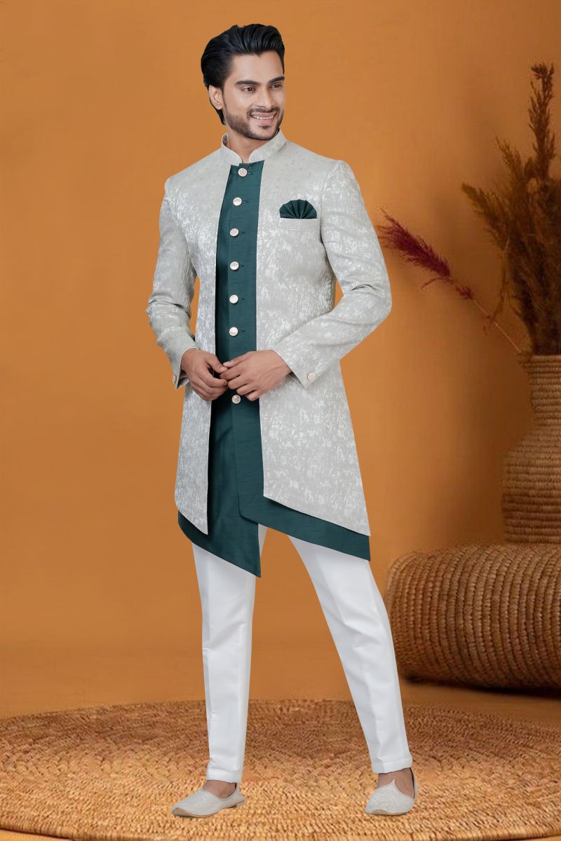 Grey Jacquard Silk Fabric Jacquard Work Sangeet Wear Trendy Readymade Indo Western For Men