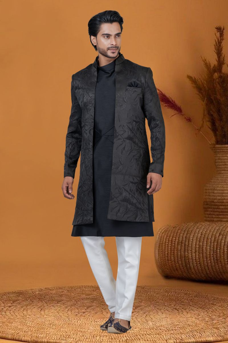 Reception Wear Attractive Jacquard Work Jacquard Silk Readymade Men Indo Western In Black Color