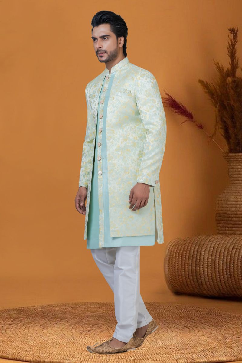 Light Cyan Jacquard Work Gorgeous Jacquard Silk Fabric Reception Wear Readymade Indo Western For Men