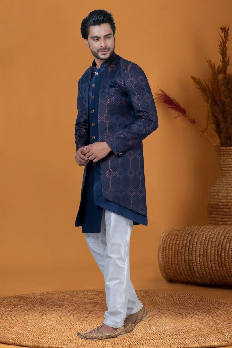 Jacquard Work Blue Jacquard Silk Graceful Readymade Men Indo Western For Sangeet Wear