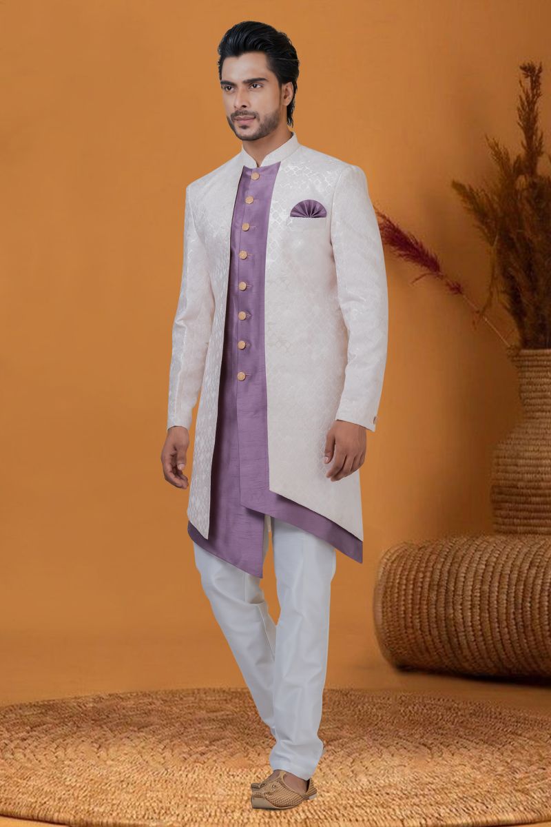 Sangeet Wear White Jacquard Silk Readymade Lovely Jacquard Work Indo Western For Men
