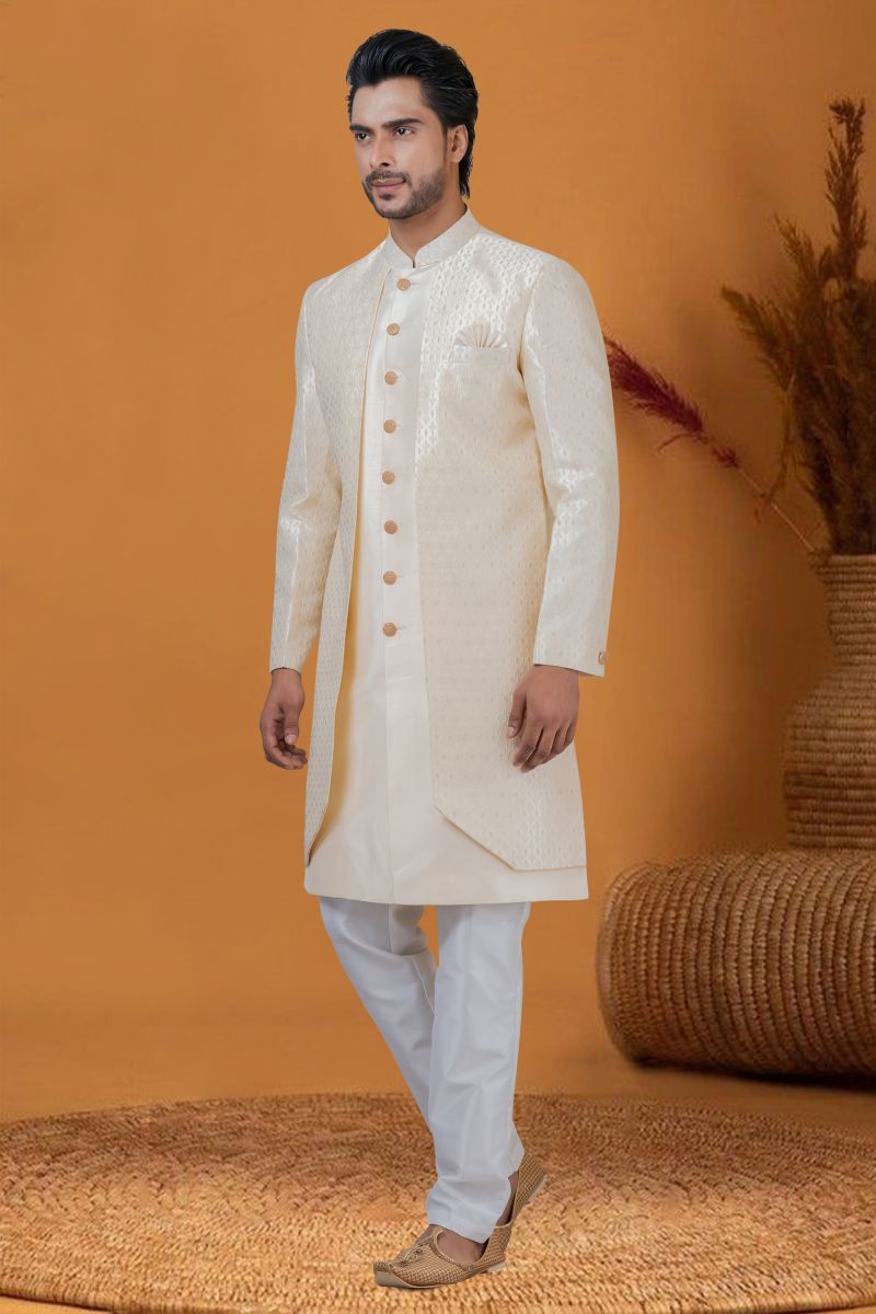 Jacquard Work Pretty Jacquard Silk Fabric Sangeet Wear Readymade Men Indo Western In Cream Color