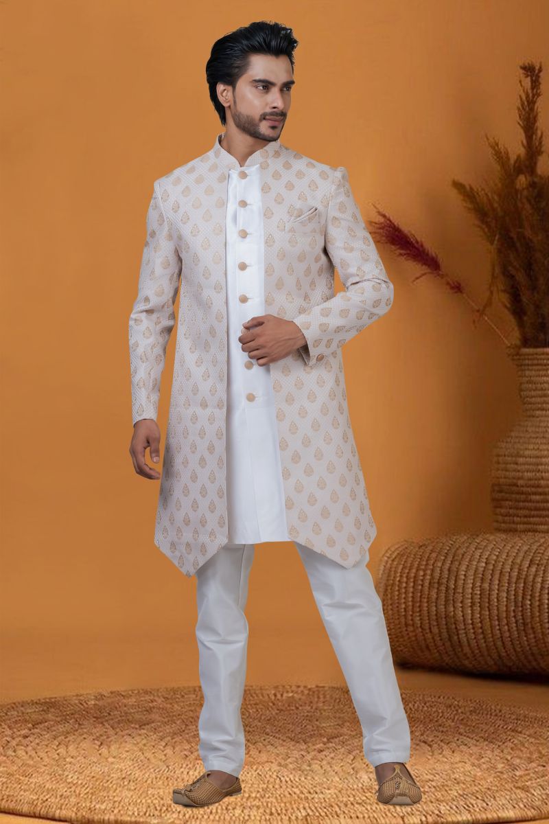 Beautiful Jacquard Work Cream Color Wedding Wear Readymade Indo Western For Men In Jacquard Silk Fabric