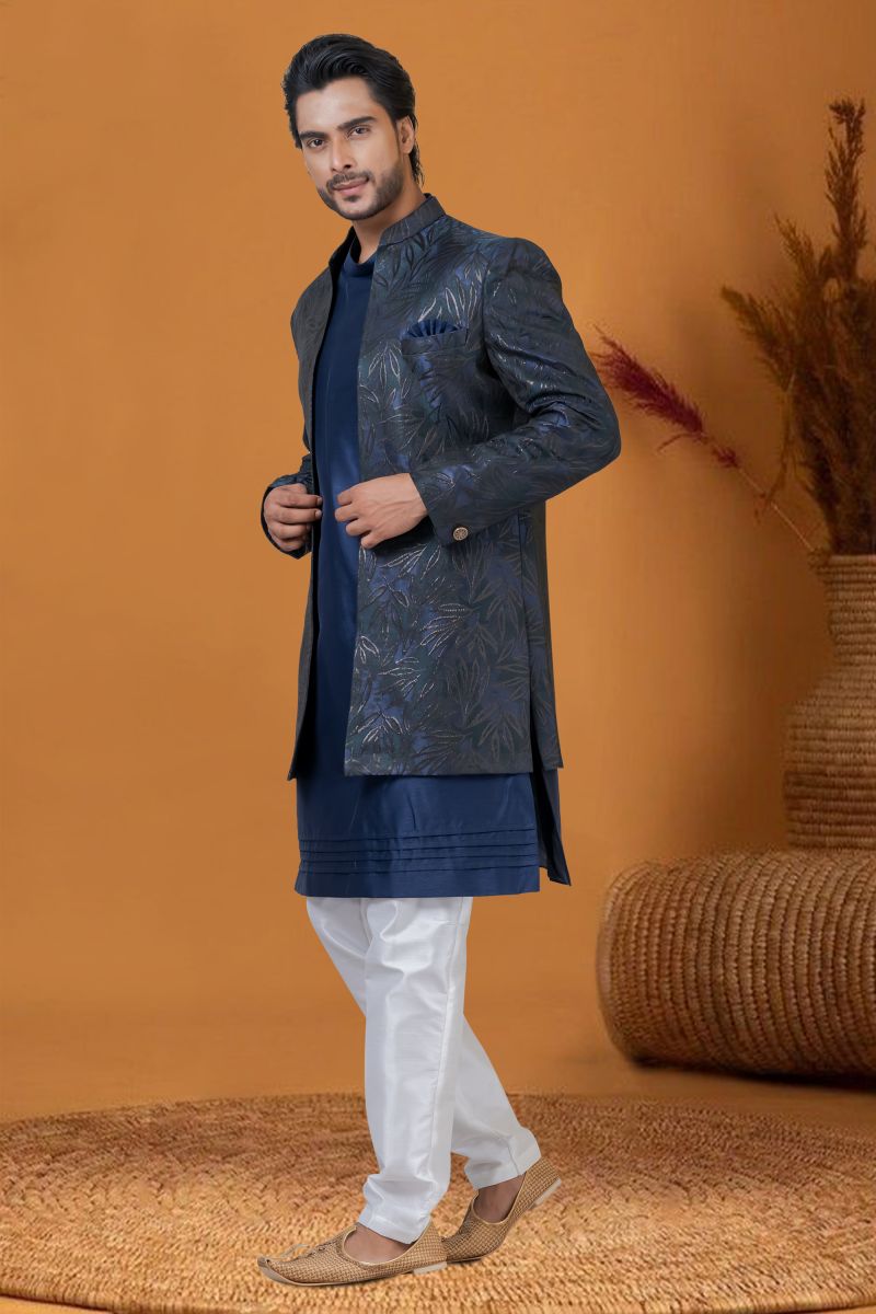 Reception Wear Attractive Jacquard Work Jacquard Silk Readymade Men Indo Western In Navy Blue Color