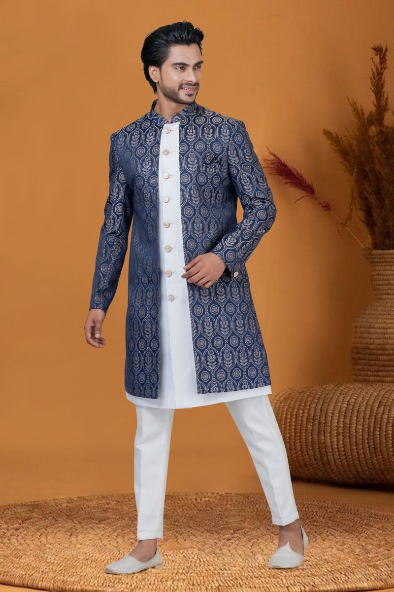 Sangeet Wear Jacquard Work Readymade Indo Western For Men In Blue Jacquard Silk Fabric