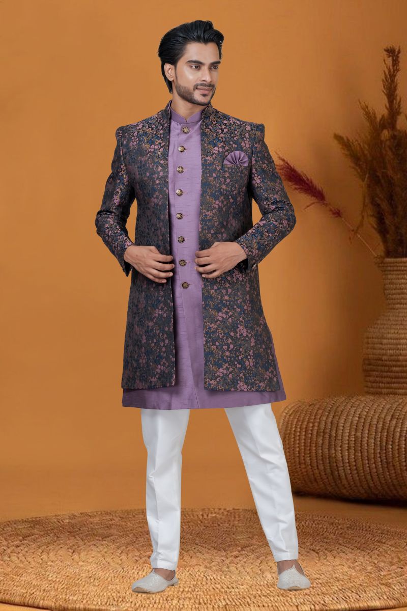 Jacquard Silk Jacquard Work Multi Color Magnificent Readymade Men Indo Western For Sangeet Wear