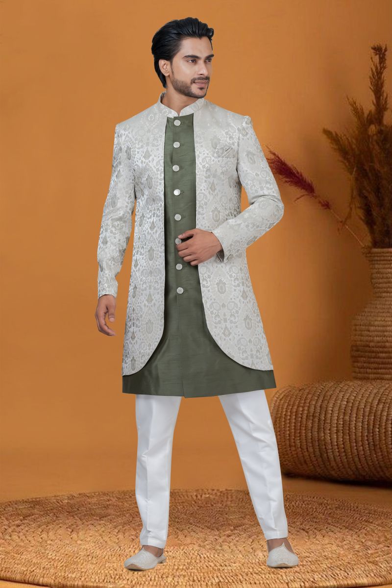 Artistic Jacquard Silk Olive Readymade Jacquard Work Men Indo Western For Wedding Wear