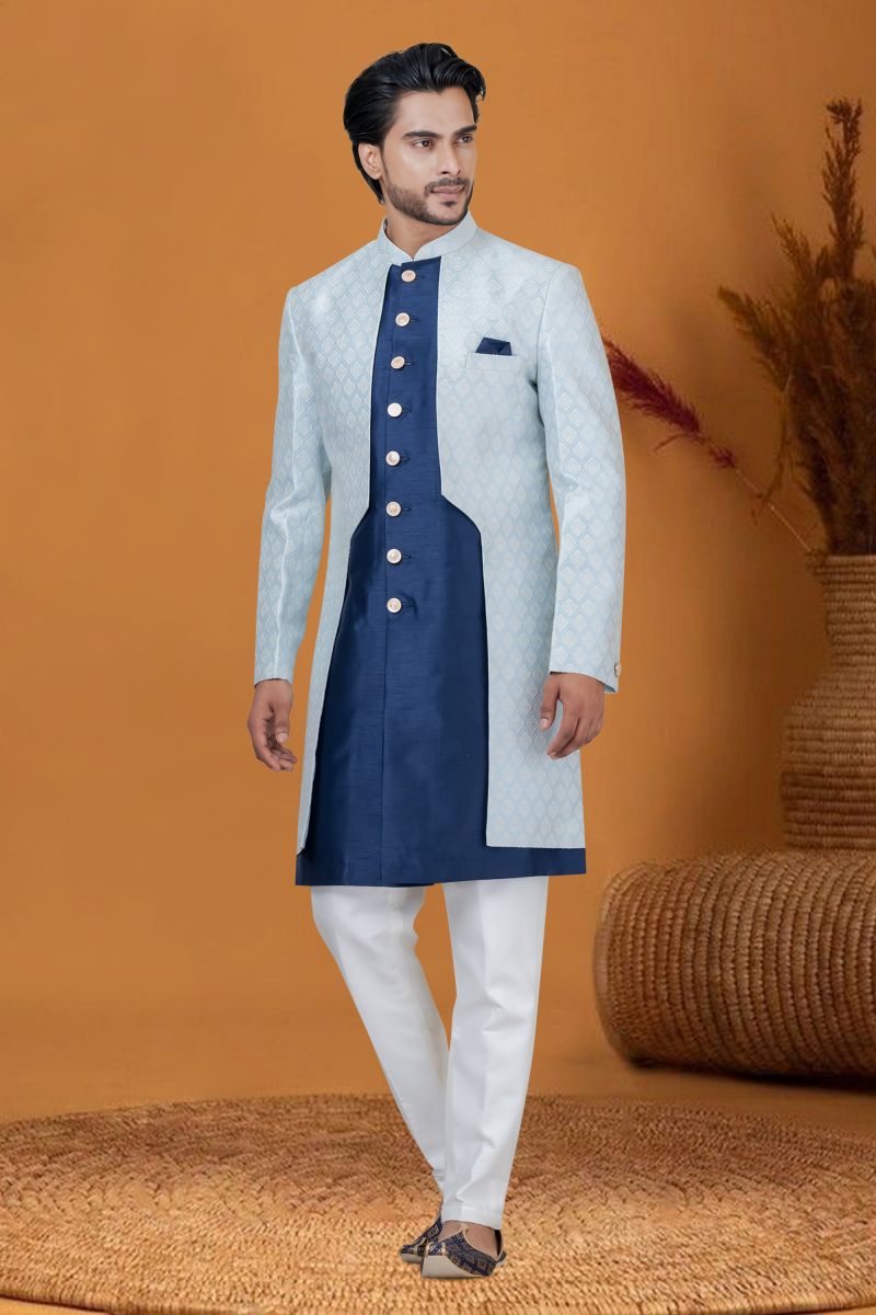 Jacquard Work Sky Blue Color Reception Wear Readymade Jacquard Silk Fabric Indo Western For Men