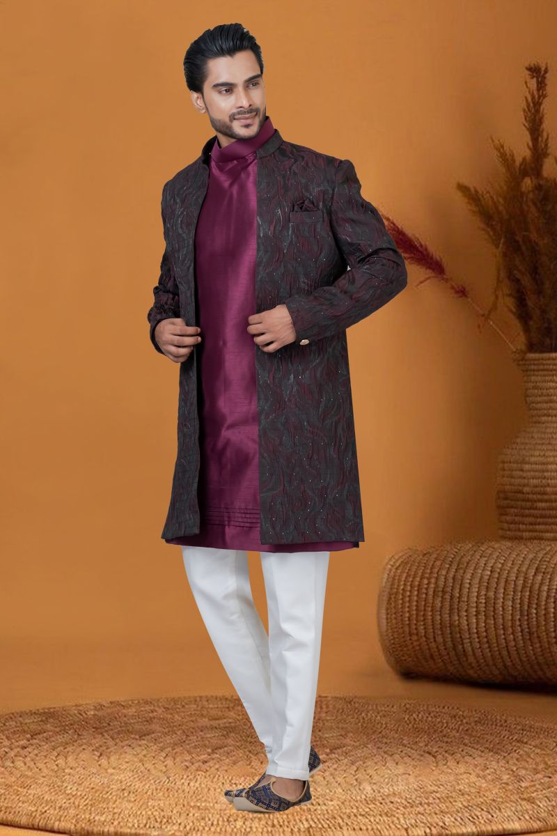Jacquard Silk Fabric Jacquard Work Wedding Wear Readymade Wine Color Indo Western For Men