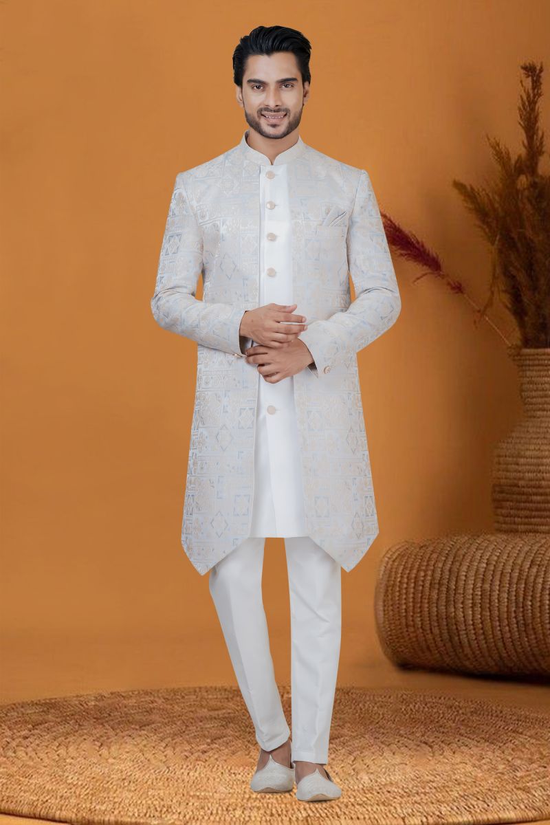 Sangeet Wear Jacquard Work Readymade Indo Western For Men In Sky Blue Jacquard Silk Fabric