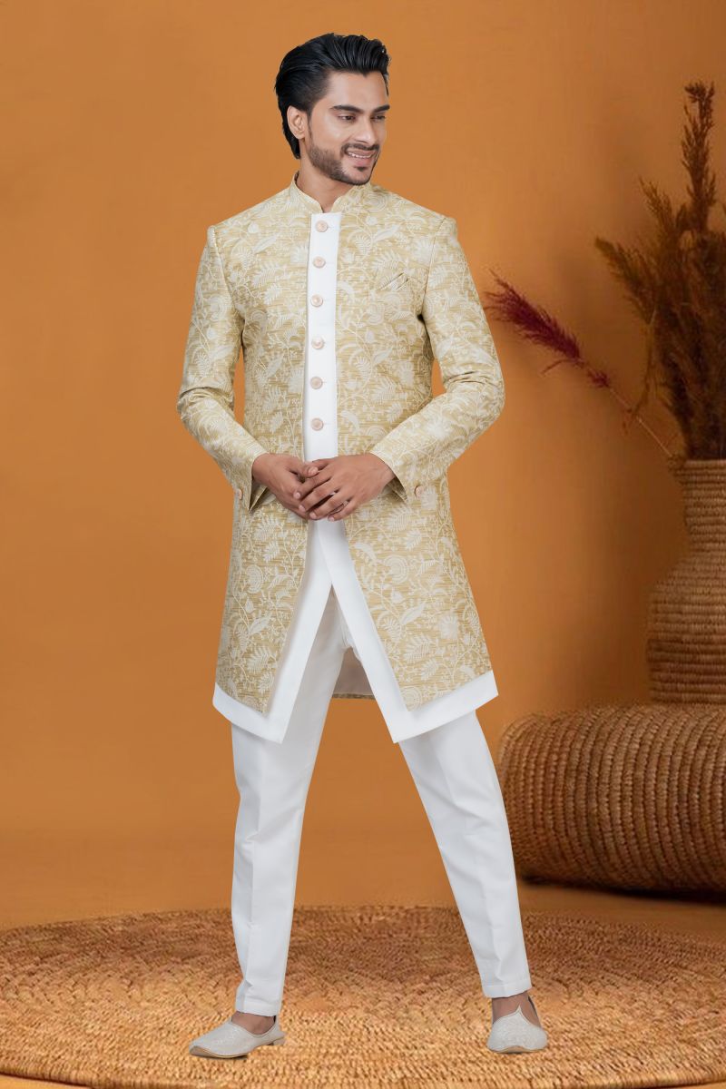 Jacquard Work Sangeet Wear Readymade Indo Western For Men In Jacquard Silk Golden Color