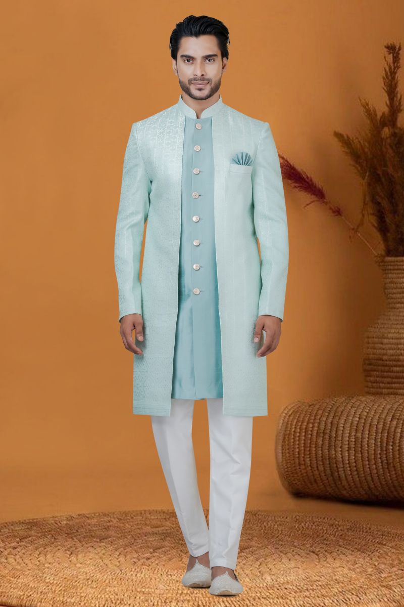 Cyan Color Jacquard Work Jacquard Silk Fabric Wedding Wear Fancy Readymade Indo Western For Men