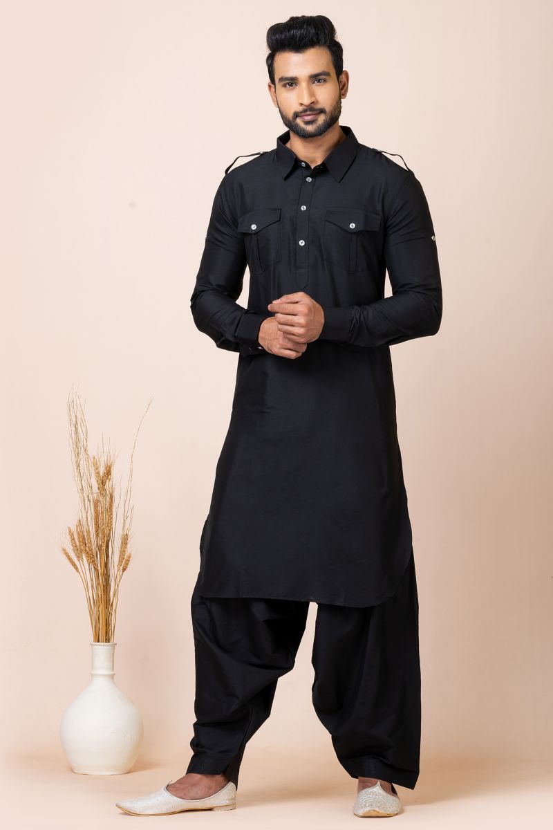 Contemporary Black Color Viscose Fabric Pathani Kurta Pyjama Set For Men