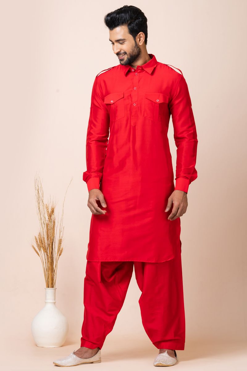 Traditional Viscose Fabric Pathani Kurta Pyjama Set In Red Color