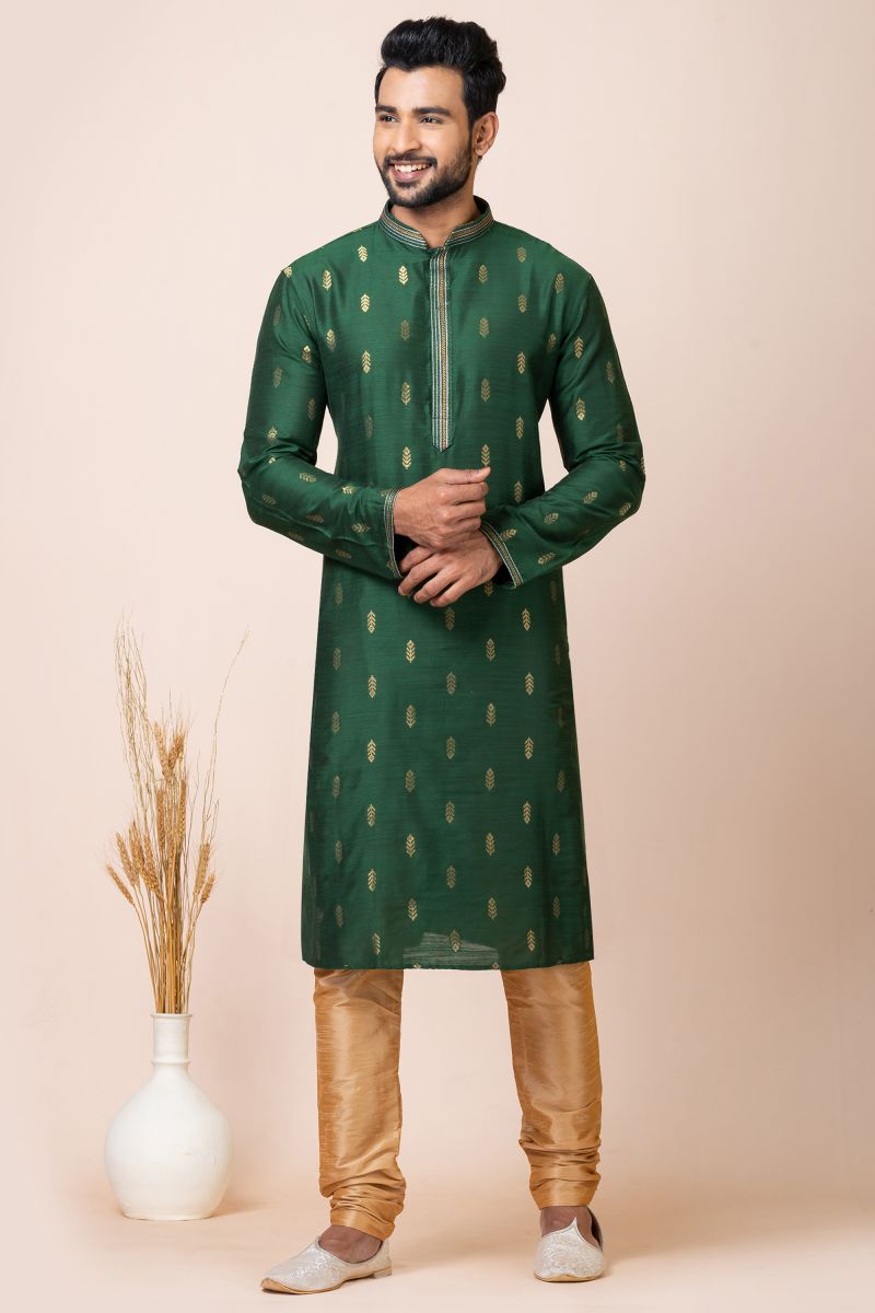 Entrancing Jacquard Fabric Readymade Kurta Pyjama In Green Color