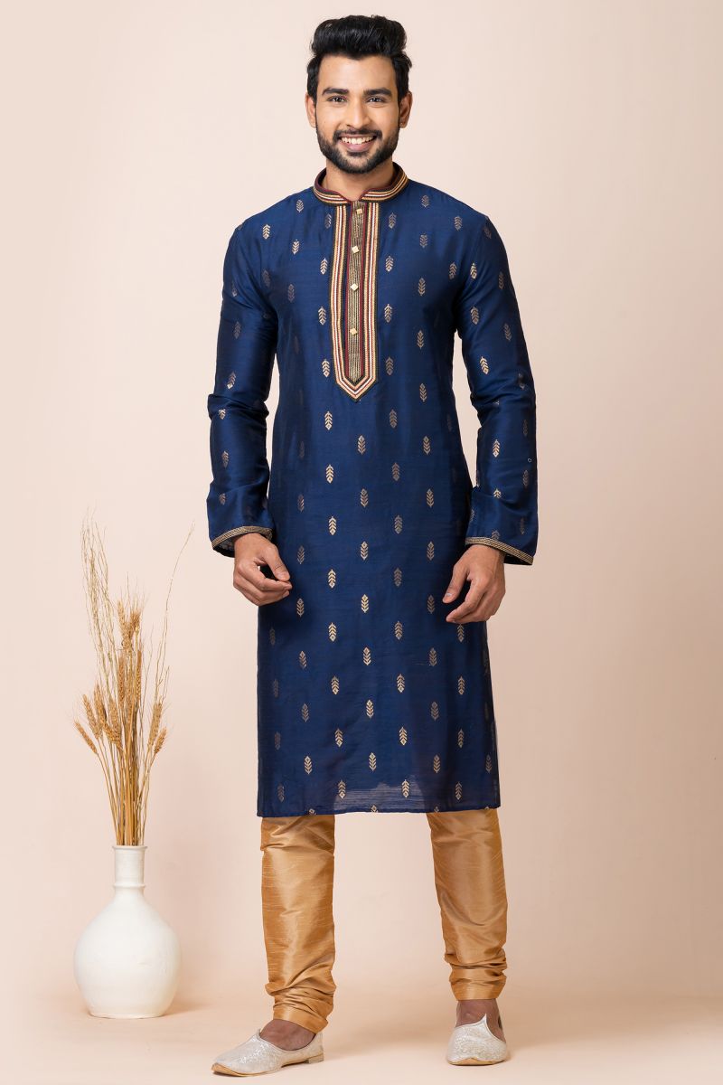 Mesmeric Navy Blue Color Readymade Kurta Pyjama In Jacquard Fabric