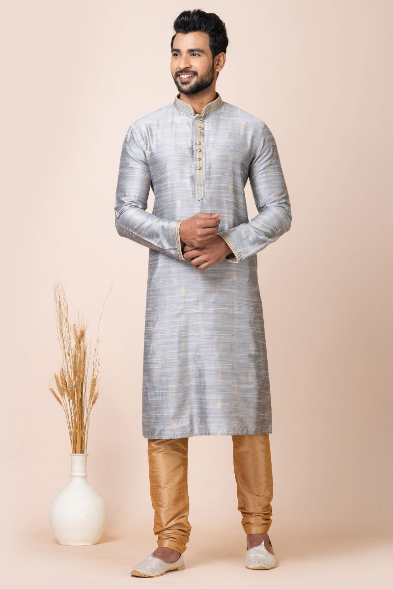 Radiant Grey Color Jacquard Fabric Readymade Kurta Pyjama