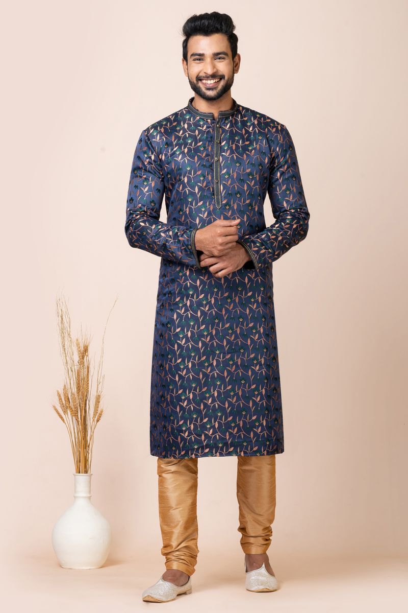 Excellent Jacquard Fabric Navy Blue Color Readymade Kurta Pyjama