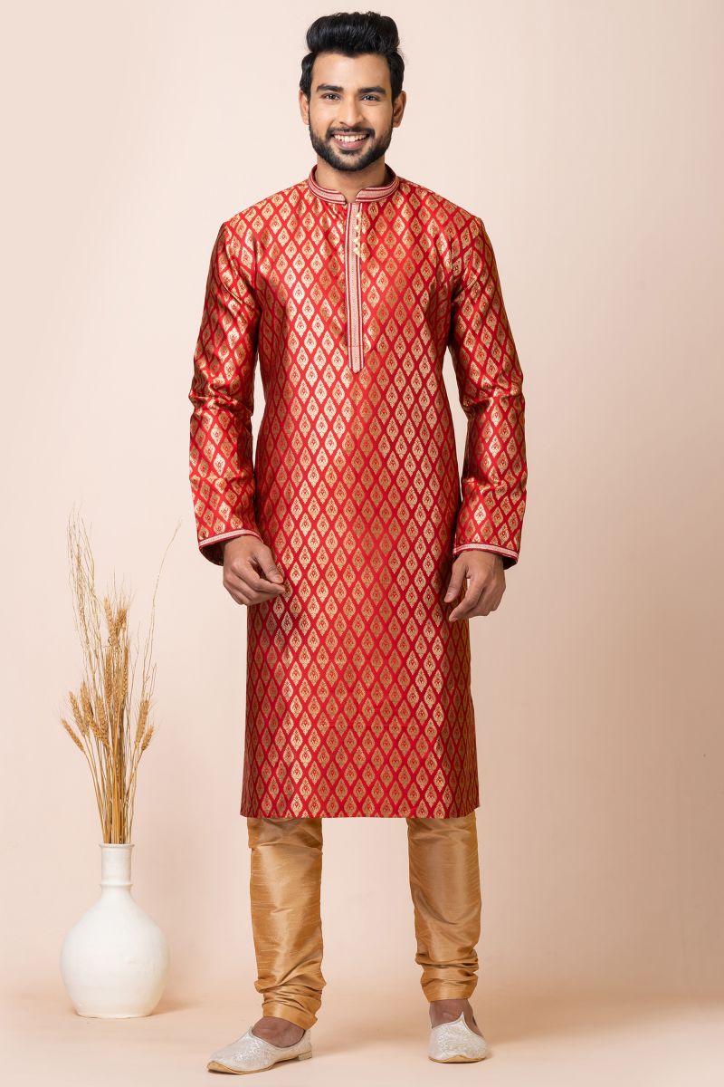 Beguiling Red Color Jacquard Fabric Readymade Kurta Pyjama