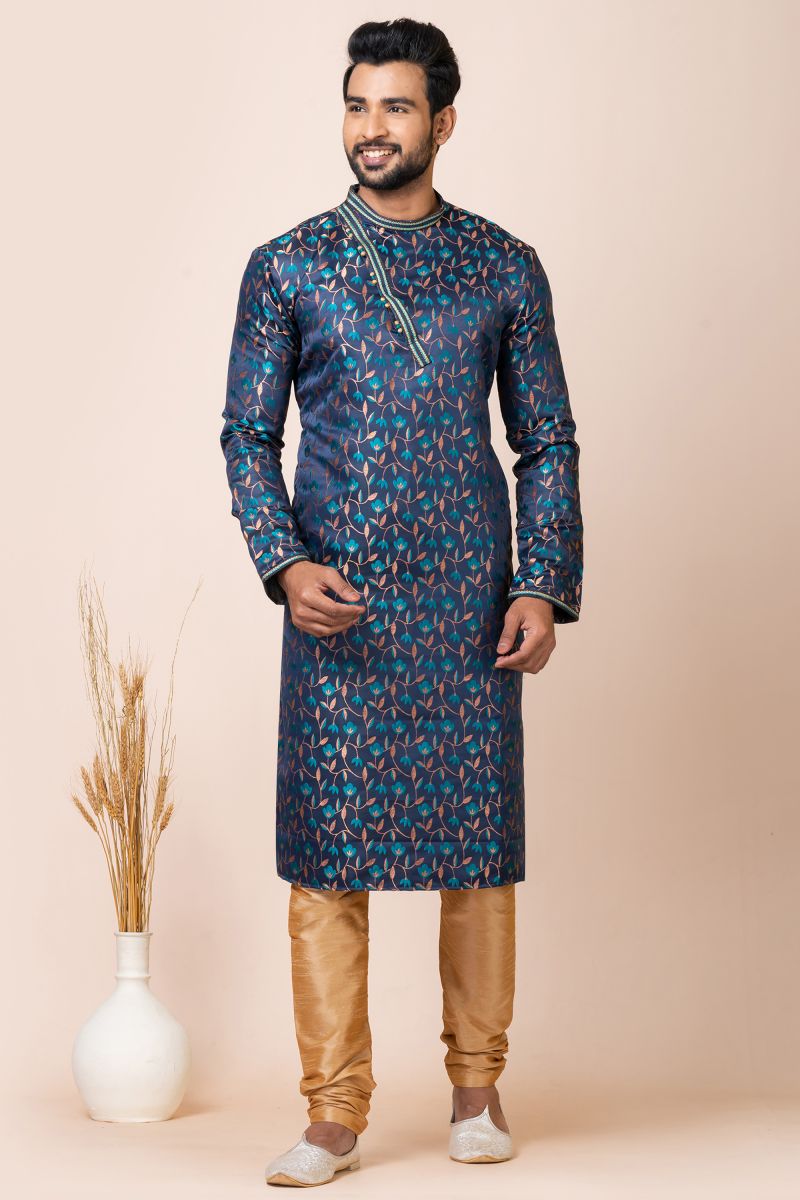 Incredible Jacquard Fabric Navy Blue Color Readymade Kurta Pyjama