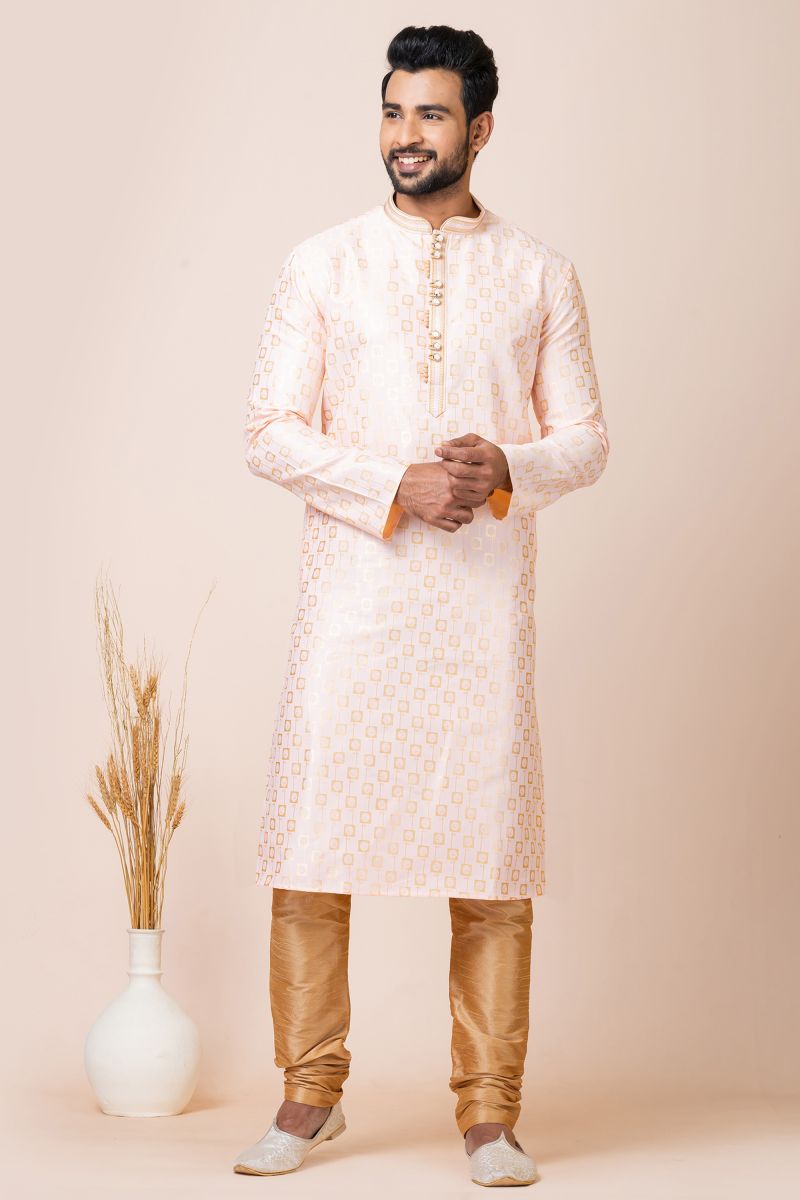 Classic Peach Color Readymade Kurta Pyjama In Jacquard Fabric