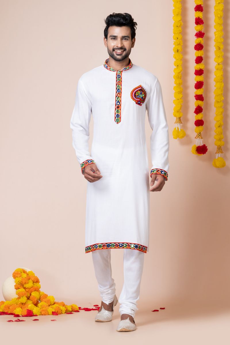 White Heavy Rayon Readymade Kurta Pyjama For Men