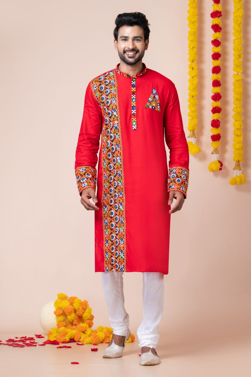 Heavy Rayon Red Color Readymade Kurta Pyjama For Men