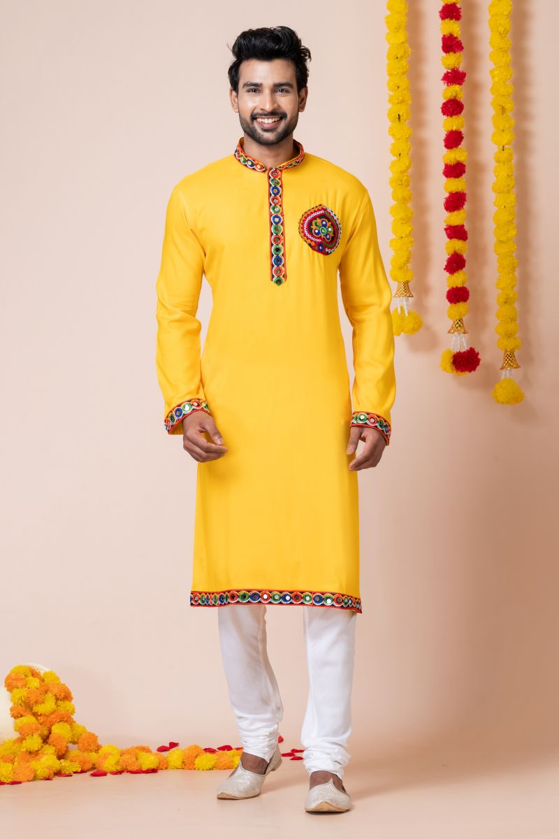 Yellow Color Heavy Rayon Fancy Readymade Kurta Pyjama For Men