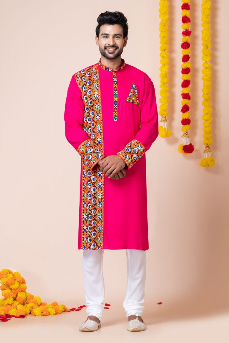 Heavy Rayon Pink Color Trendy Readymade Men Kurta Pyjama