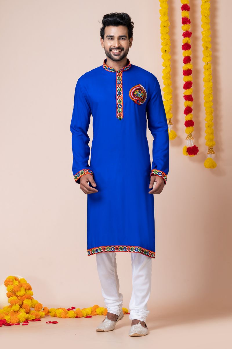 Blue Color Heavy Rayon Designer Readymade Kurta Pyjama For Men