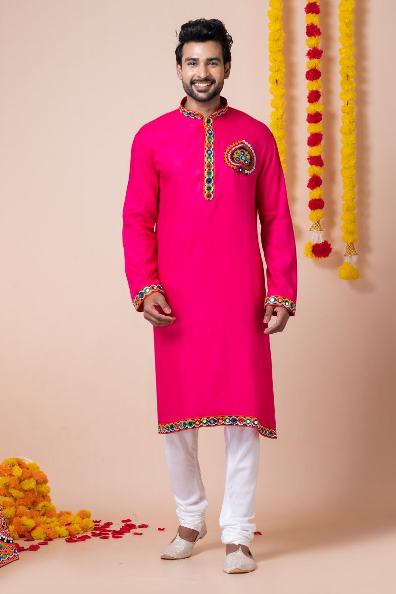 Pink Color Engaging Heavy Rayon Readymade Kurta Pyjama For Men