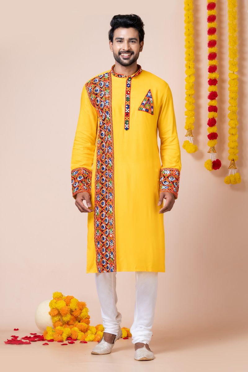 Yellow Color Heavy Rayon Captivating Readymade Kurta Pyjama For Men