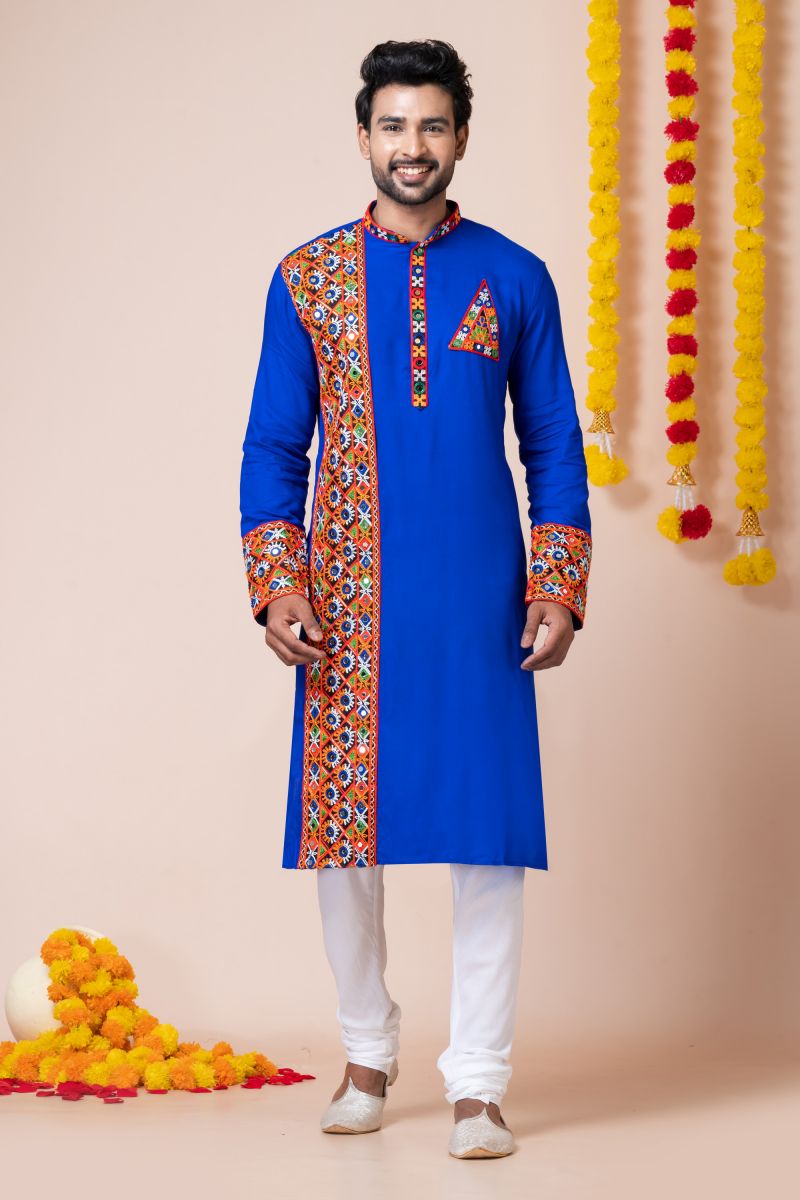 Blue Heavy Rayon Readymade Kurta Pyjama For Men