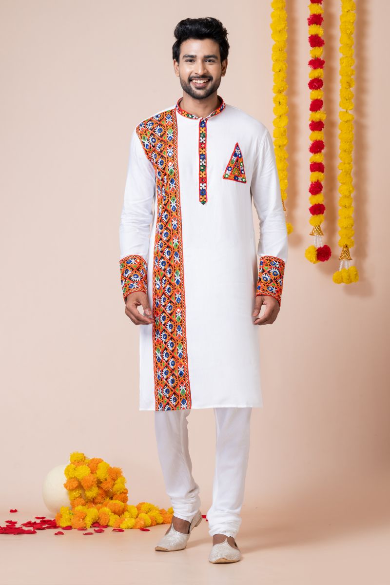 White Color Heavy Rayon Striking Readymade Kurta Pyjama For Men