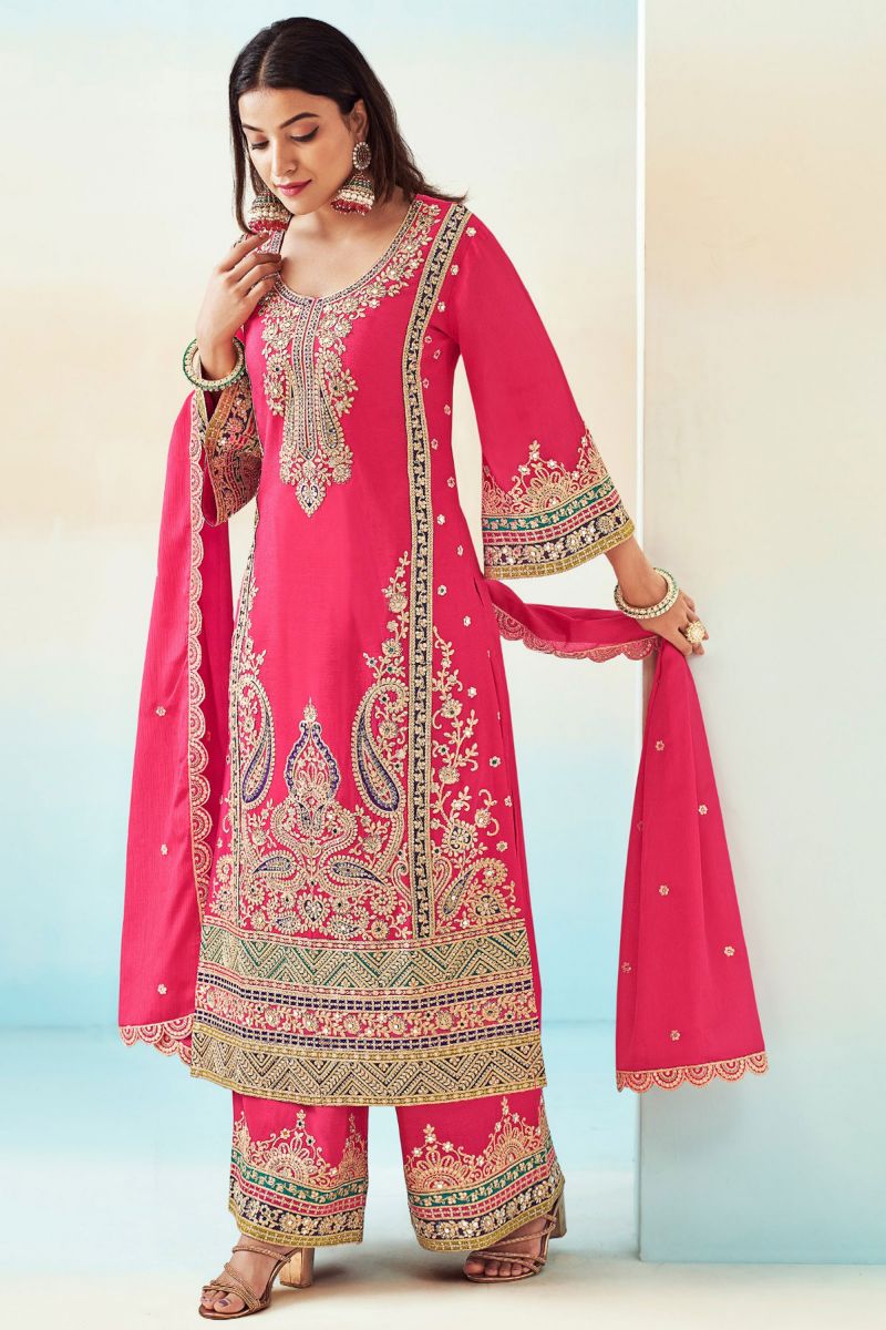 Pink Color Chinon Fabric Function Wear Classic Palazzo Suit