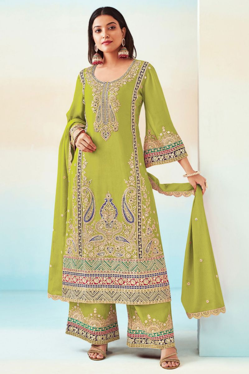 Chinon Fabric Function Wear Lovely Palazzo Suit In Sea Green Color