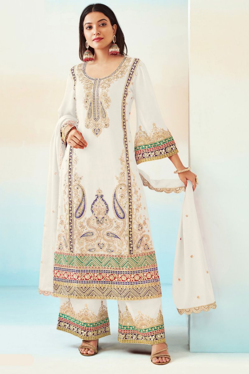 Chinon Fabric White Color Function Wear Elegant Palazzo Suit