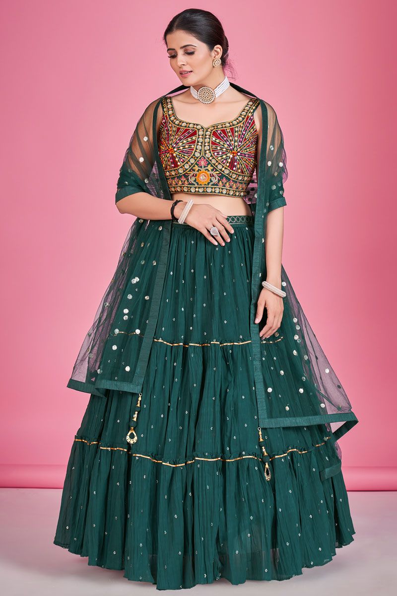 Ingenious Georgette Dark Green Readymade Lehenga For Sangeet