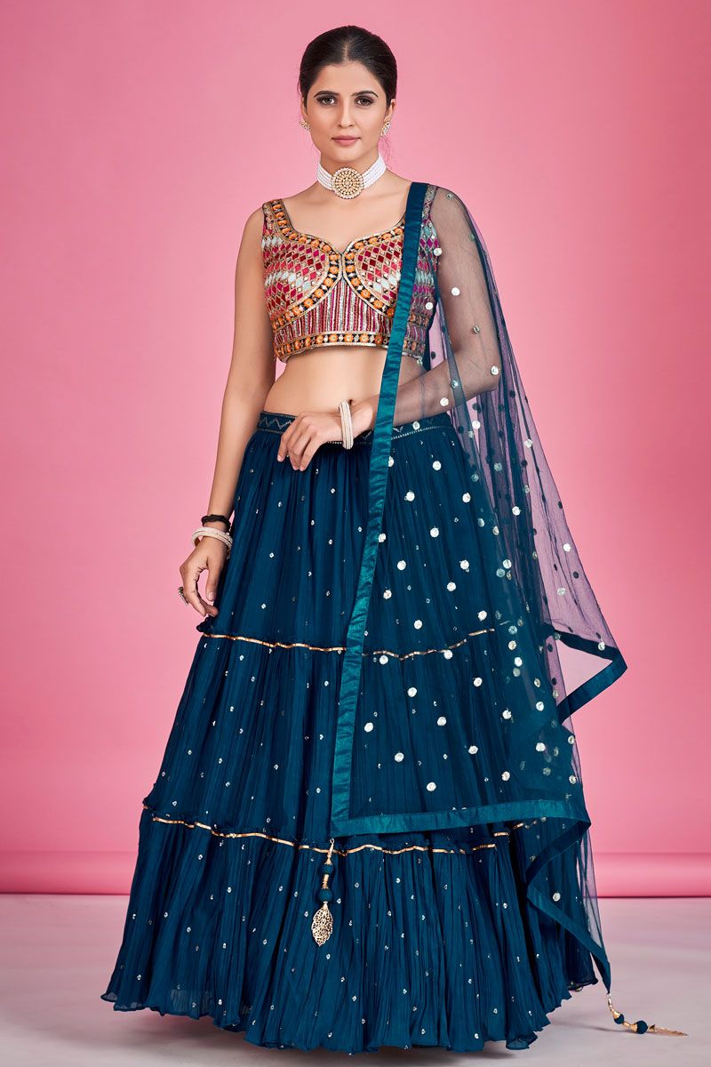 Radiant Navy Blue Georgette Readymade Lehenga For Sangeet