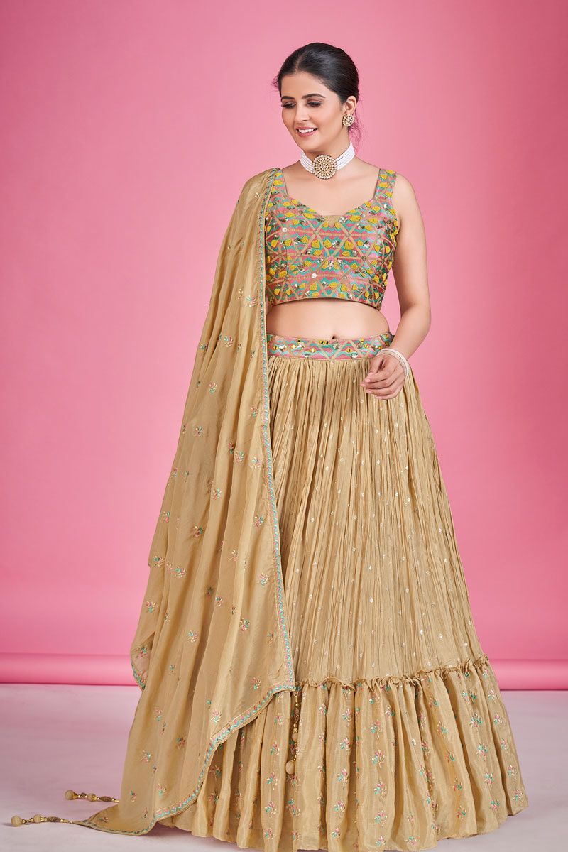 Fascinating Chikoo Georgette Readymade Lehenga For Sangeet