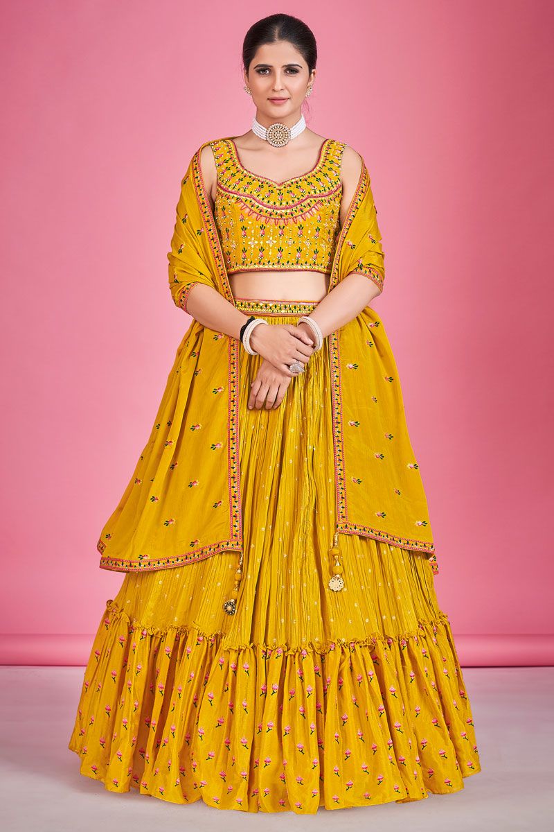 Dazzling Georgette Mustard Readymade Lehenga For Sangeet