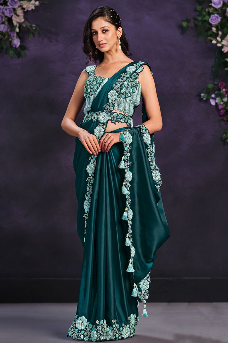 Border Work On Teal Color Satin Silk Fabric Ready To Wear Saree