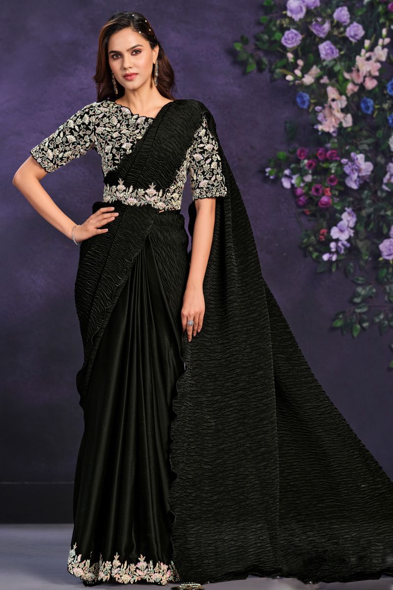 Border Work On Satin Silk Fabric Black Color Ready To Wear Saree