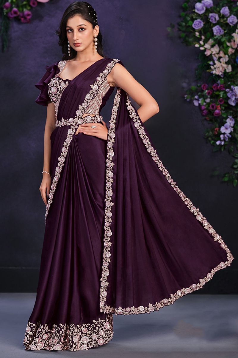 Satin Silk Fabric Purple Color Ready To Wear Saree With Border Work